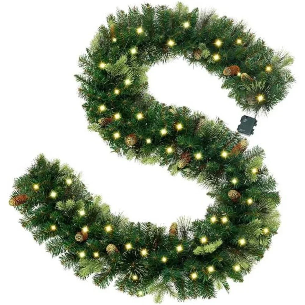 9FT Pre-lit Christmas Garland, with 50 LED Lights, Xmas Garland with Pine Cones